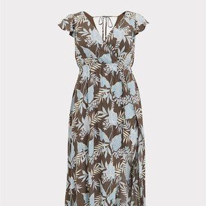 TORRID DARK TAUPE & BLUE FLORAL CRINKLED GAUZE WALKTHROUGH ROMPER